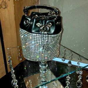 Dazzling White Crystal Silver-Tone Black Drawstring Bucket Bag Clutch Purse.